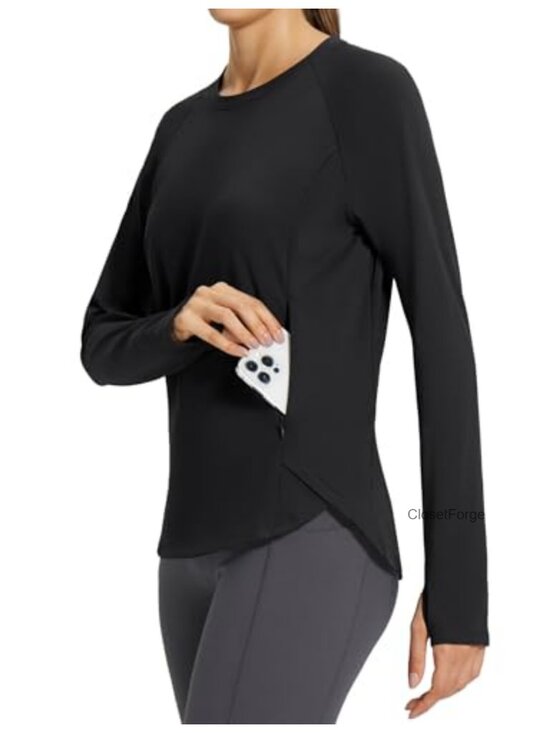 Tops - Thermal Fleece Lined Long Sleeve Top with Thumbholes and Zipper Pocket